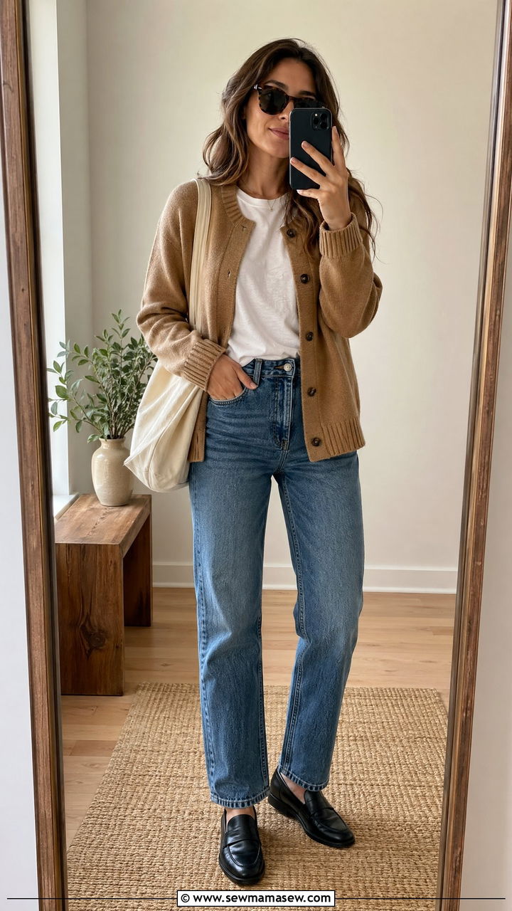 Lightweight Knit Cardigan and Straight Leg Jeans Outfit - 35 transitional classy outfit ideas