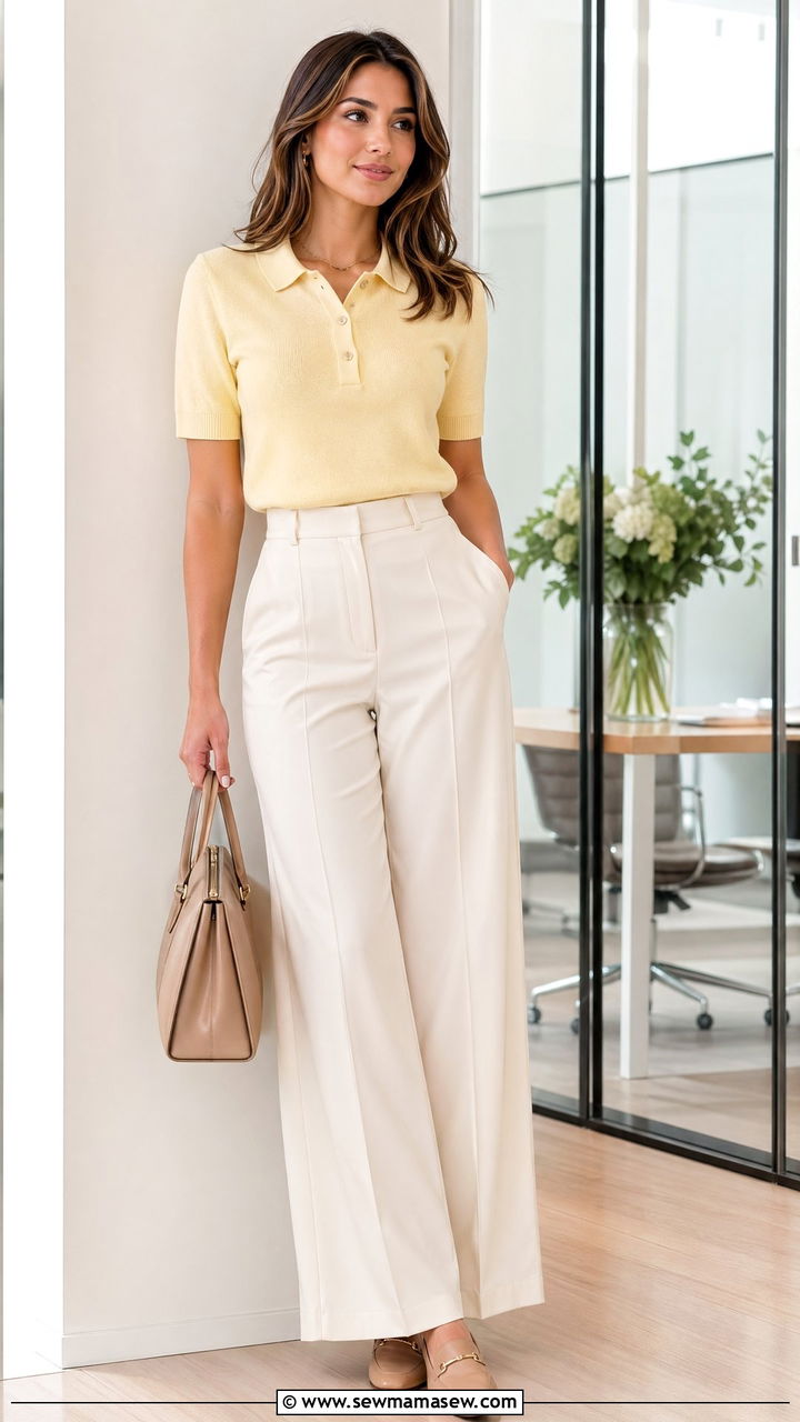 Lightweight Knit Polo with Tailored Wide Leg Trousers - 35 spring casual chic outfit ideas