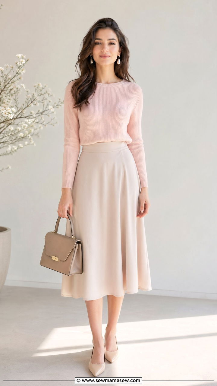 Lightweight Knit Top With Midi Skirt For Spring - 35 Spring job interview outfits