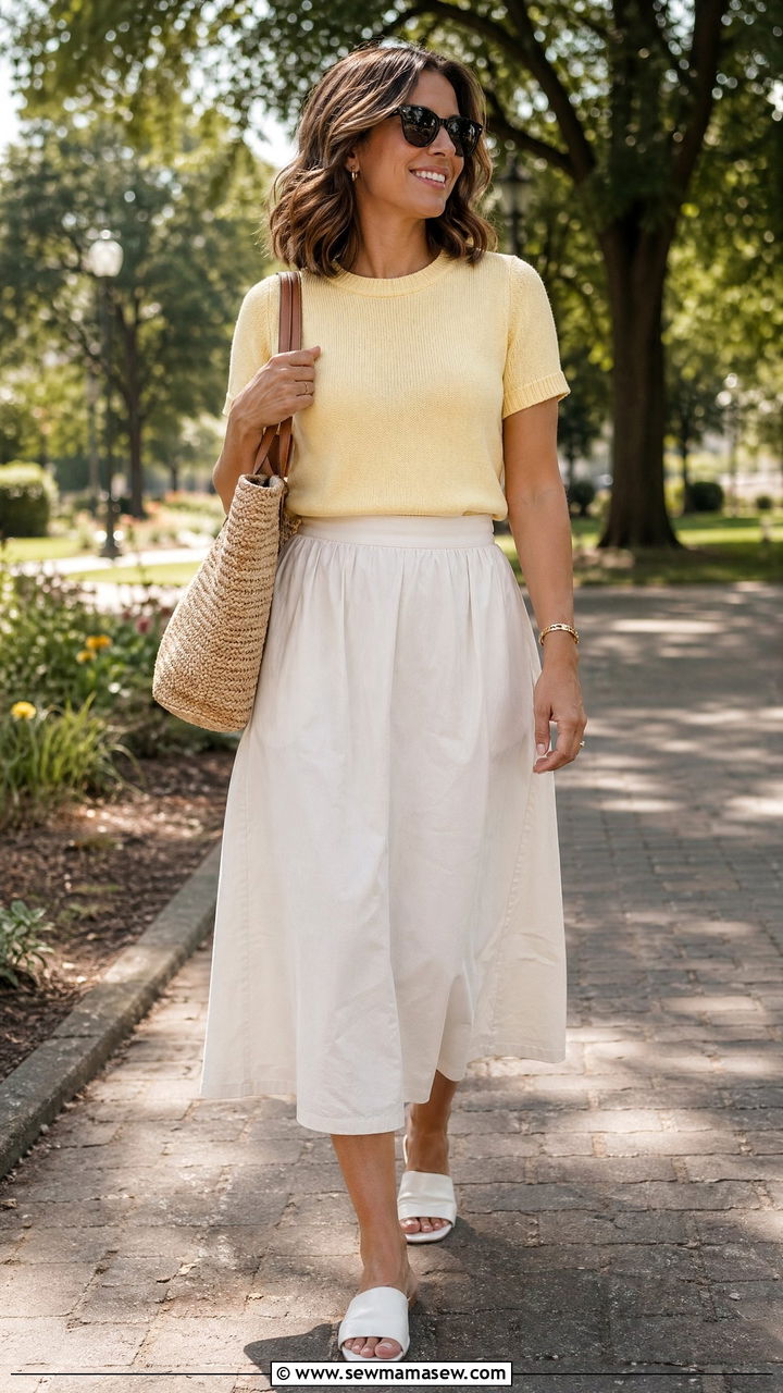 Lightweight Knit Top With Midi Skirt - 35 Summer outfits for working moms