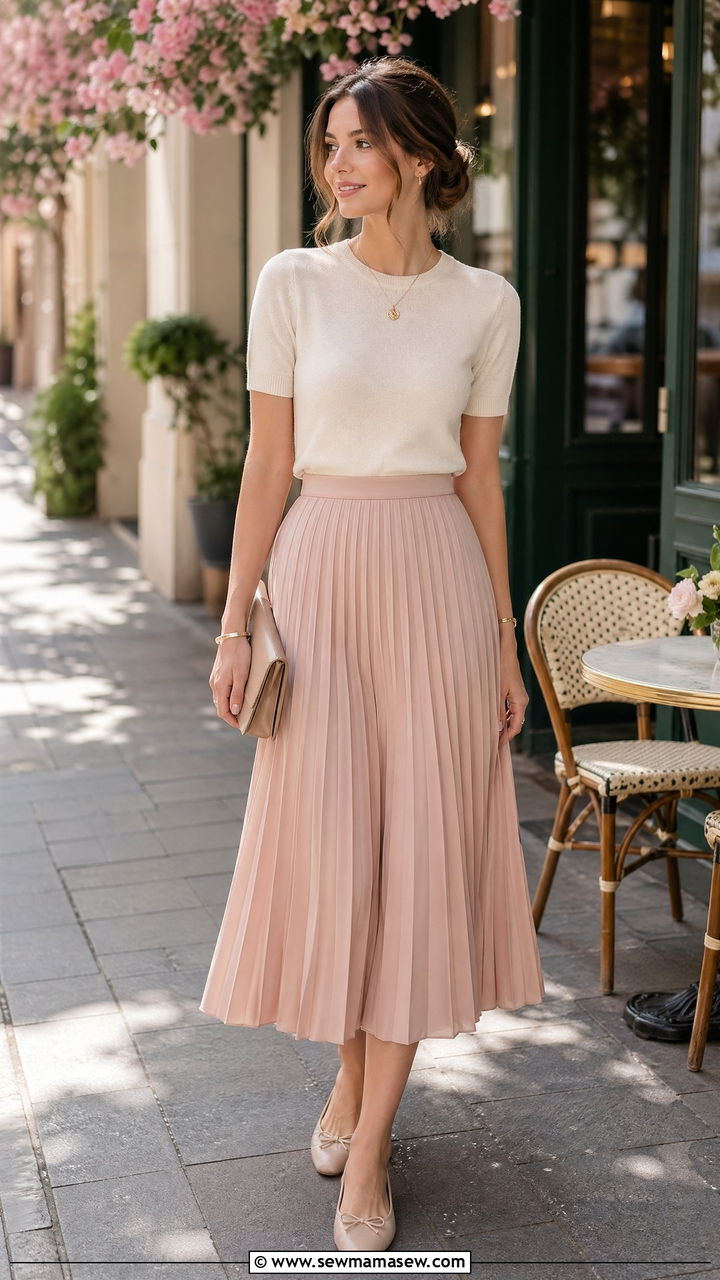 Lightweight Knit Top With Pleated Midi Skirt - 35 spring dinner outfit ideas