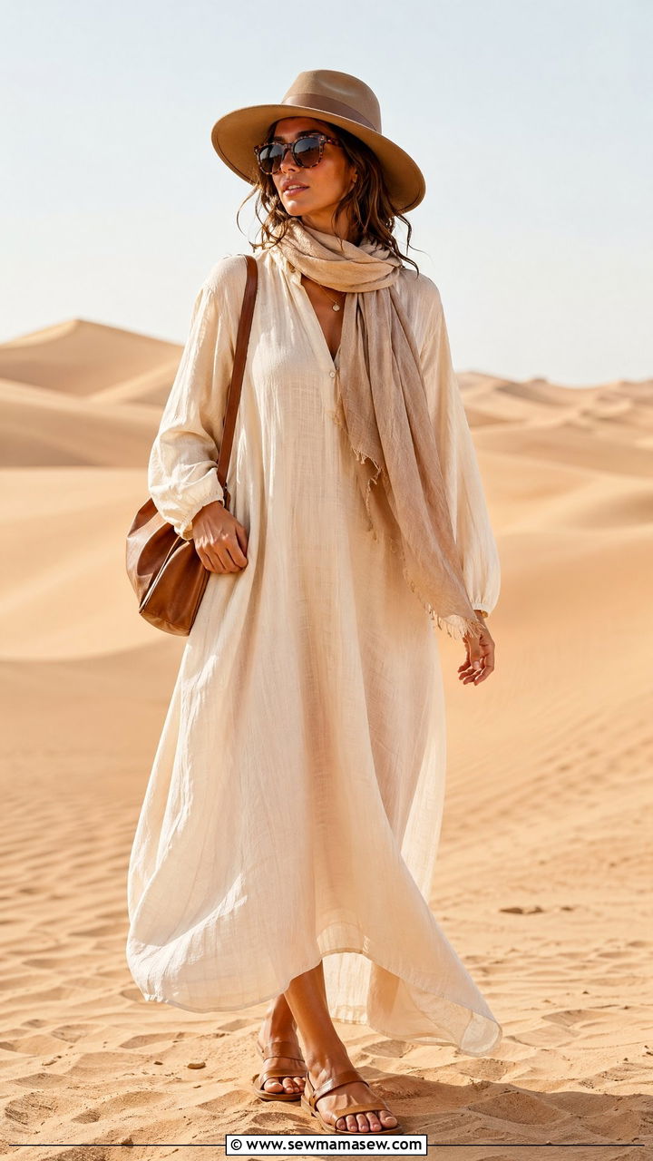 Lightweight Maxi Dress With Wide Brim Hat Desert Outfit - 35 vacation outfits ideas