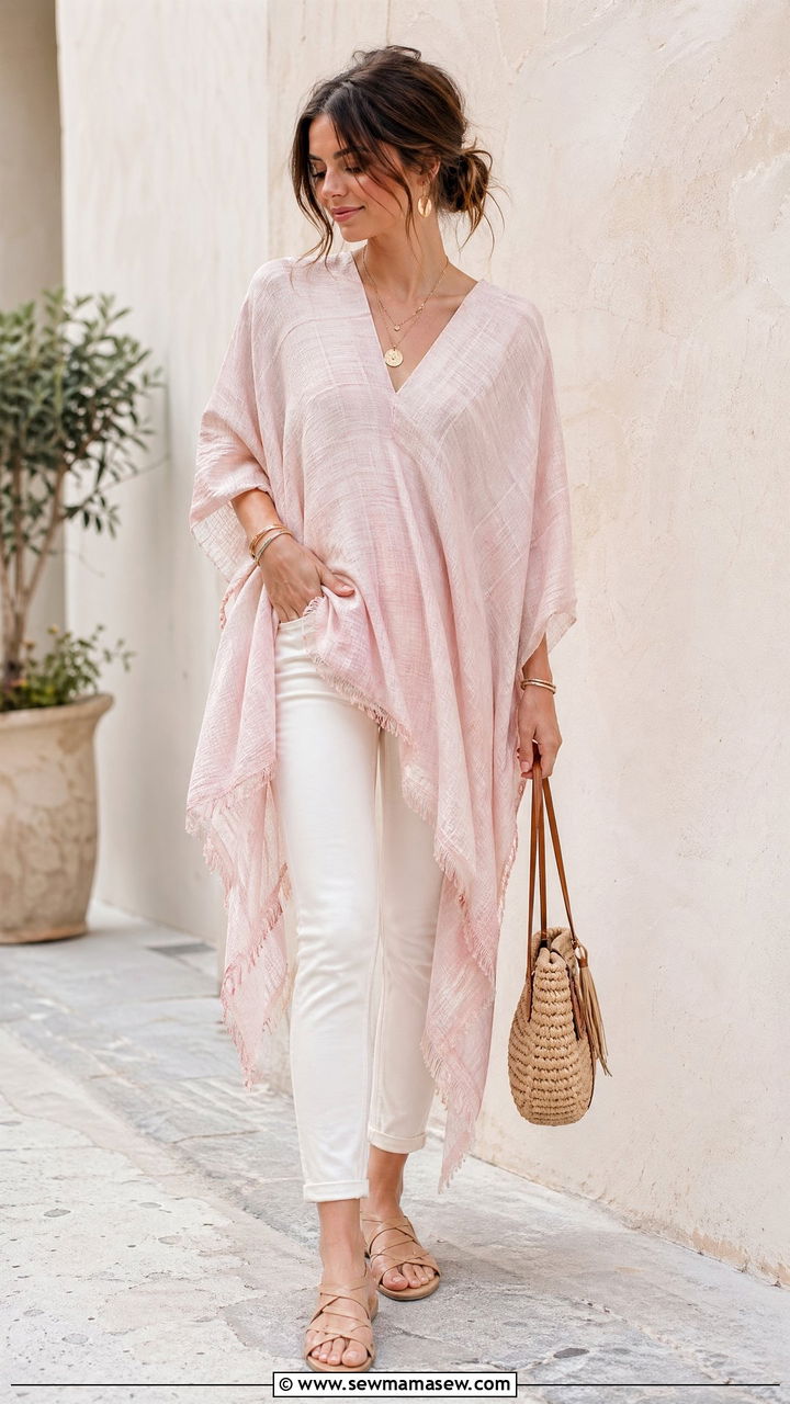 Lightweight Poncho With Slim Trousers - 35 spring soft girl outfit ideas