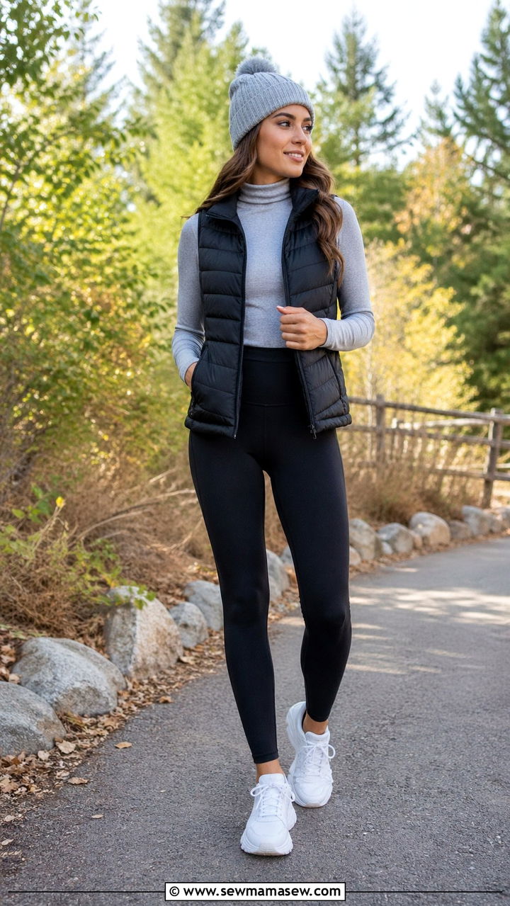 Lightweight Puffer Vest with Turtleneck and Leggings - 30 spring cool weather outfit ideas