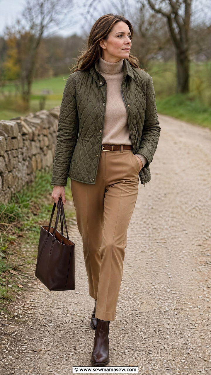 Lightweight Quilted Jacket with Cashmere Turtleneck and Trousers - 35 transitional quiet luxury outfit ideas