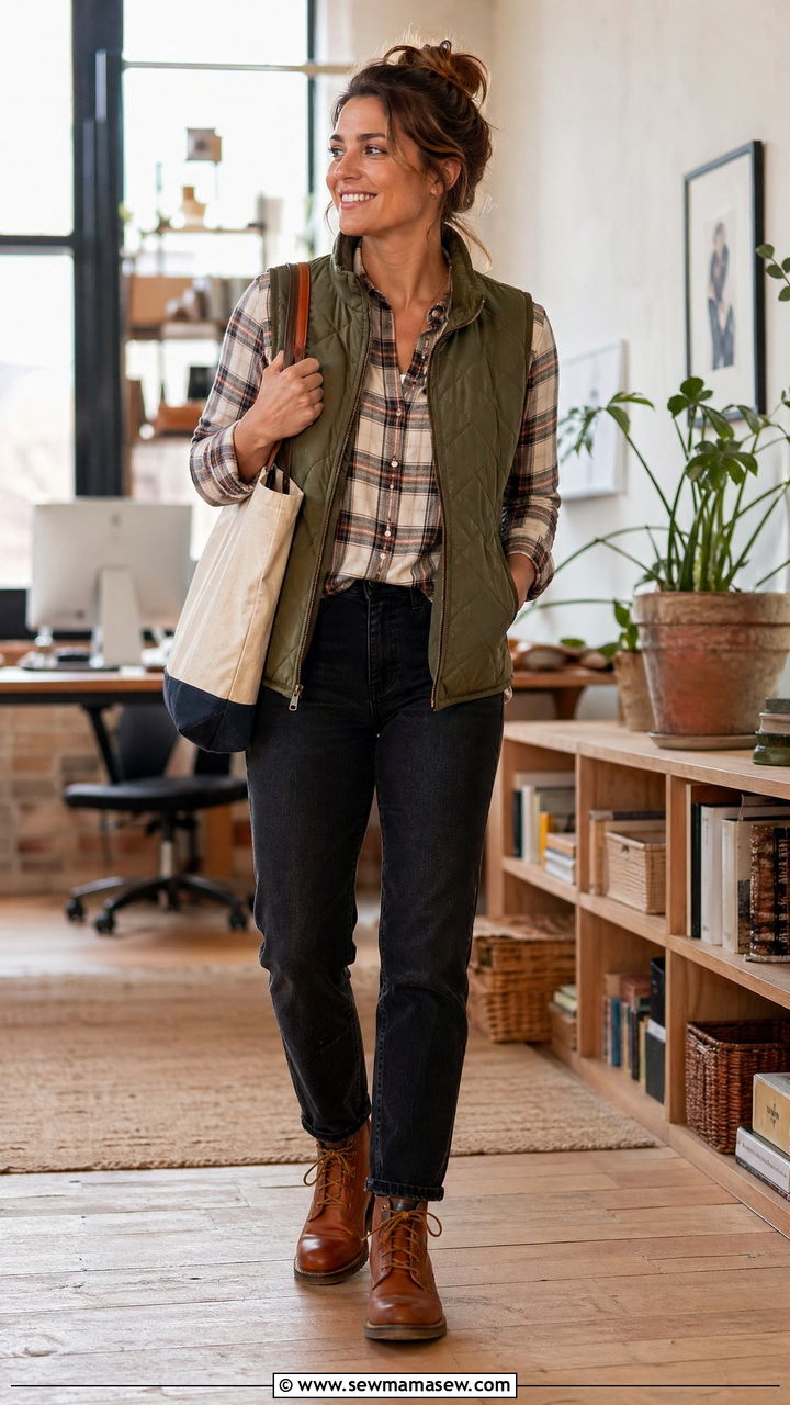 Lightweight Quilted Vest over Flannel Shirt and Dark Jeans - 35 what to wear to the office