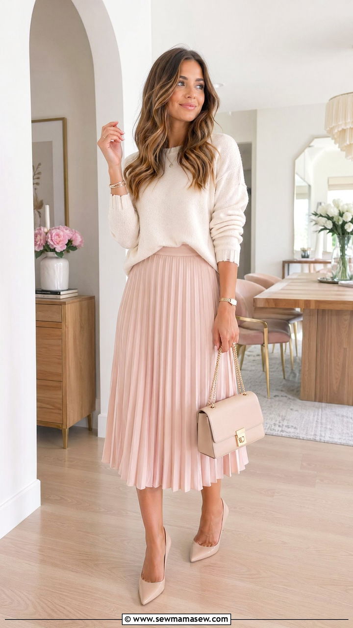 Lightweight Sweater With Pleated Midi Skirt - 35 spring soft girl outfit ideas