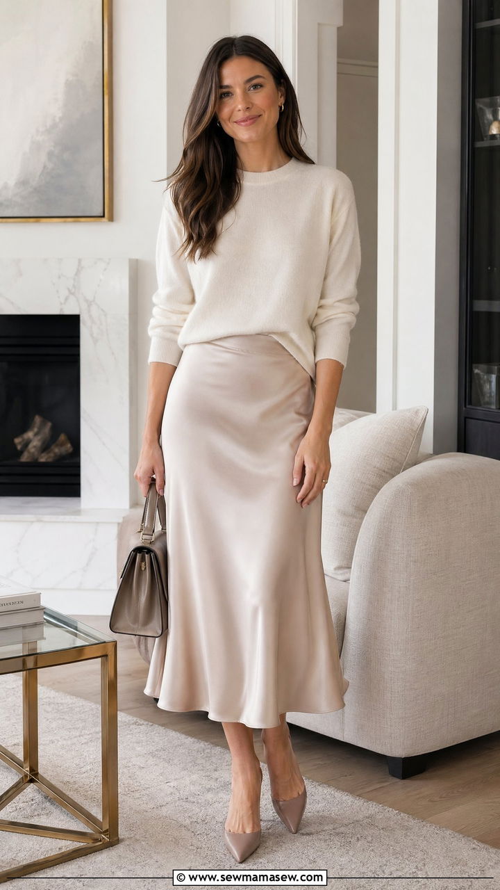 Lightweight Sweater With Satin Skirt Outfit - 35 Spring outfits for women