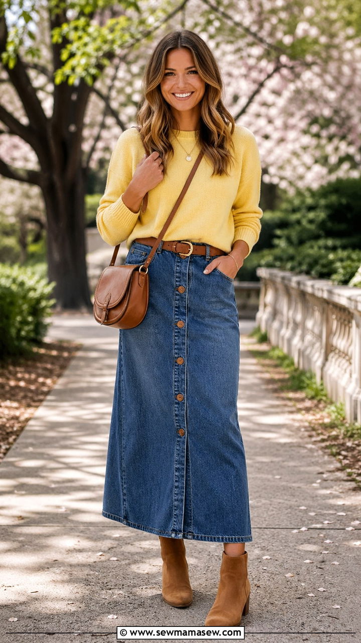 Lightweight Sweater with Denim Maxi Skirt and Ankle Boots - 30 spring denim maxi skirt outfit ideas