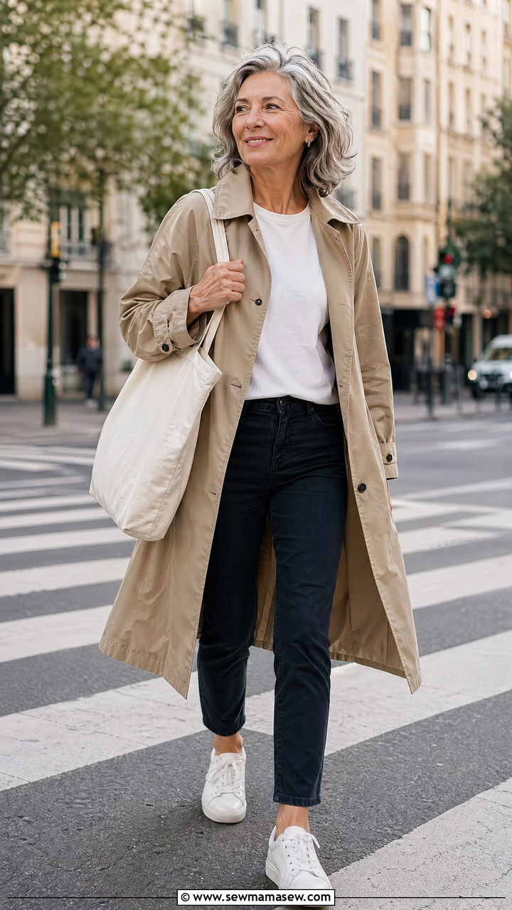 Lightweight Trench Coat Over A T Shirt And Jeans Outfit For Women Over 50 - 35 Casual outfits for women over 50