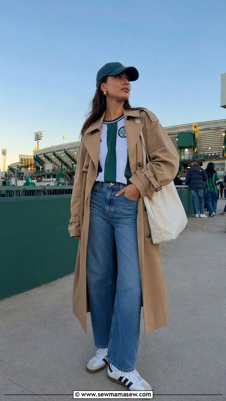 Lightweight Trench Coat Over Jersey And Straight Leg Jeans - 30 Baseball game outfit ideas