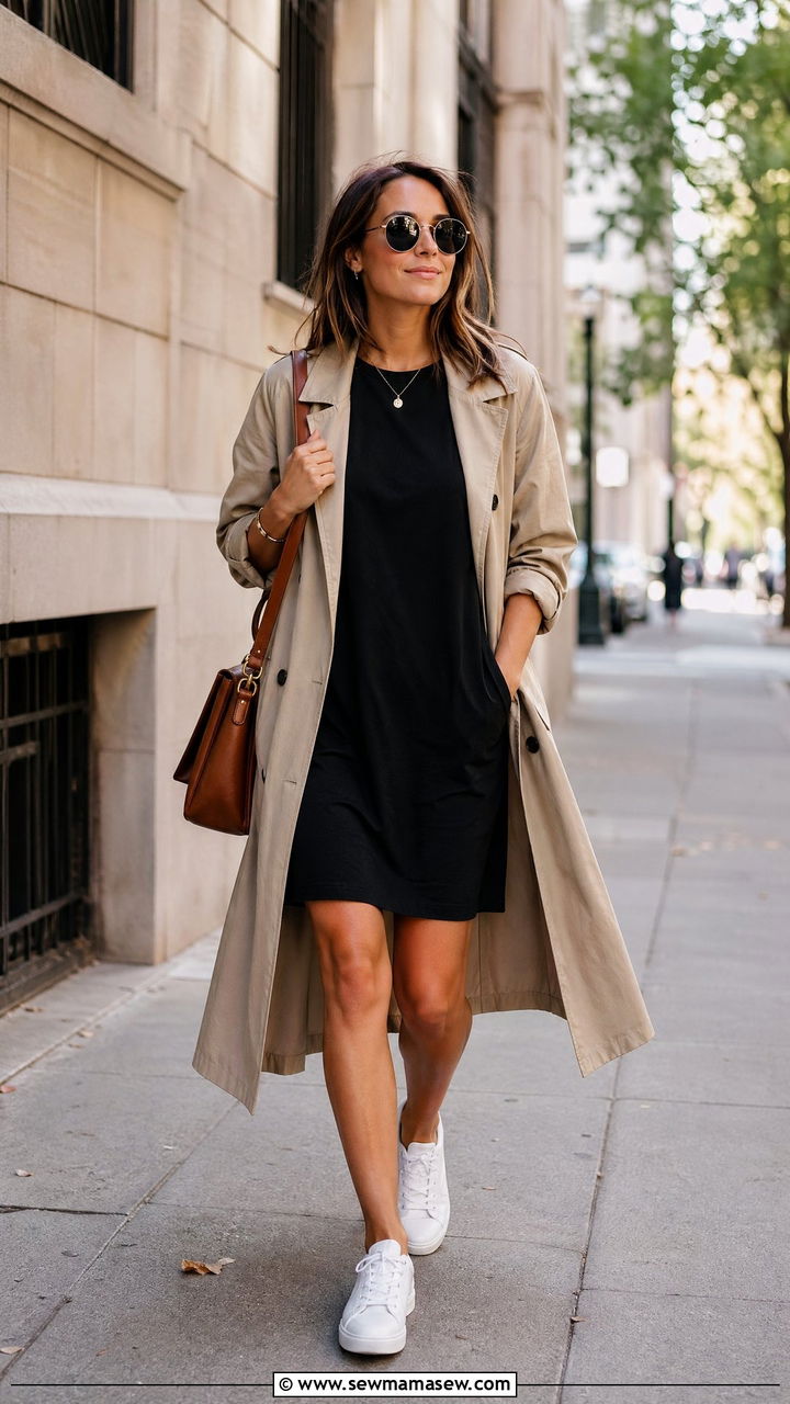 Lightweight Trench Coat Over a Cotton Tee Dress - 35 Summer transition outfits for women