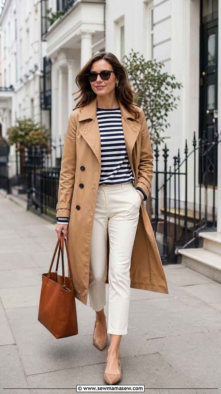 Lightweight Trench Coat With Striped Tee and Ankle Pants - 35 spring outfit ideas for women