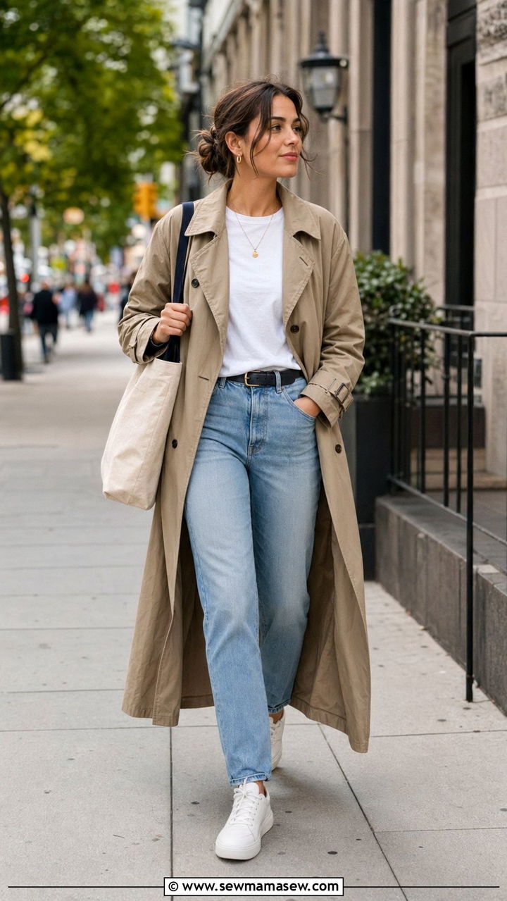 Lightweight Trench Coat and Straight Leg Jeans Outfit - 30 70 degree weather outfits