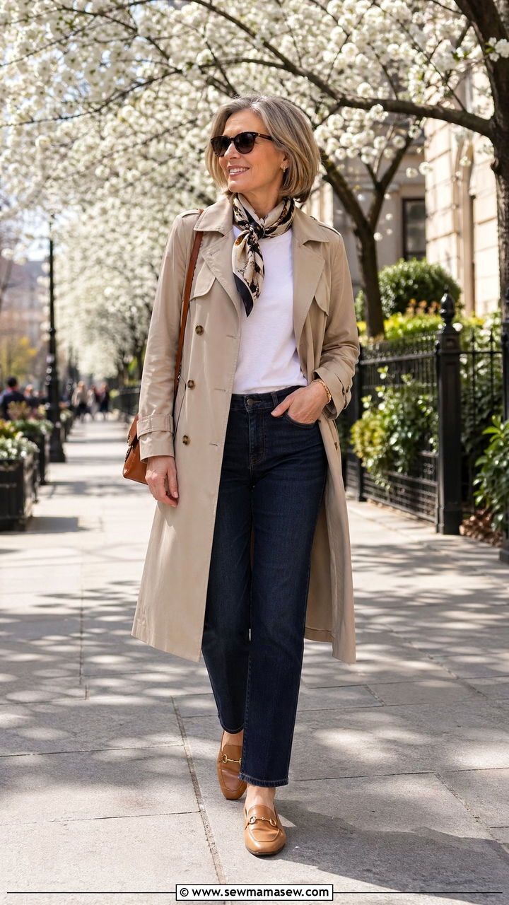 Lightweight Trench Coat with Straight Leg Jeans and Loafers - 35 What to wear in spring for women over 50