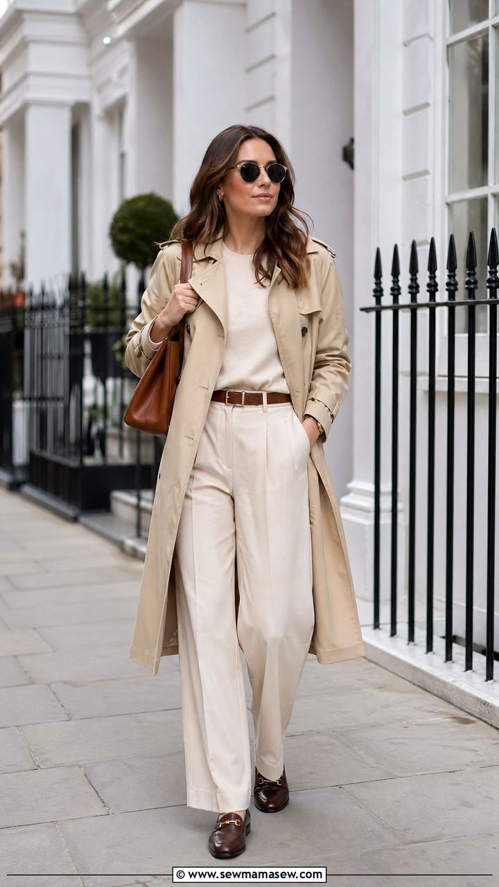 Lightweight Trench Coat with Wide Leg Trousers and Loafers - 35 spring elegant outfit ideas
