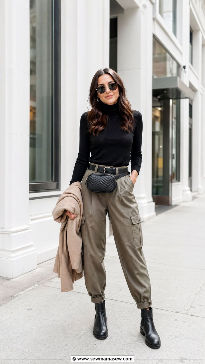 Lightweight Turtleneck With Tapered Cargo Pants and Chelsea Boots - 35 comfy outfit ideas for women