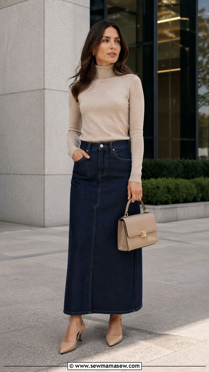 Lightweight Turtleneck with Denim Maxi Skirt and Slingbacks - 30 spring denim maxi skirt outfit ideas