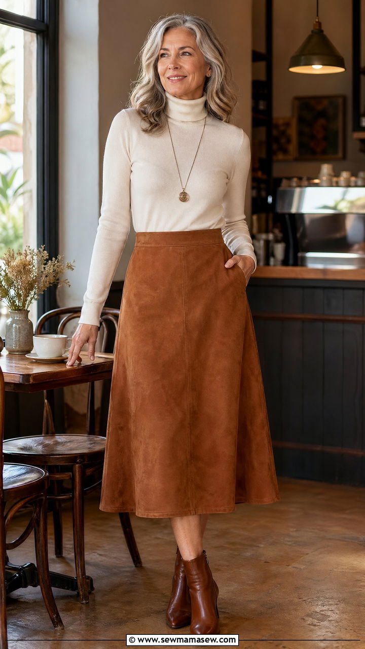 Lightweight Turtleneck with Suede A Line Skirt and Ankle Boots - 35 Spring capsule wardrobe for women over 50
