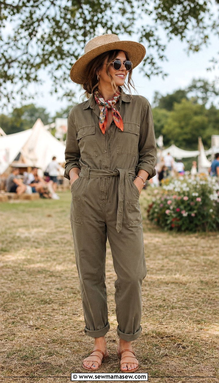Lightweight Utility Jumpsuit with Flat Sandals - 30 What to wear to a spring festival