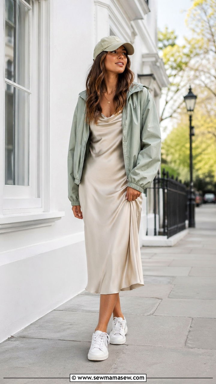 Lightweight Windbreaker Over Slip Dress With Dad Cap And Sneakers - 30 sporty chic capsule wardrobe outfits