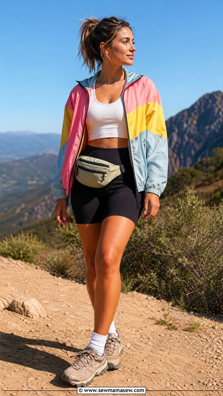 Lightweight Windbreaker with Bike Shorts and Trail Sneakers - 35 summer sporty chic outfit ideas