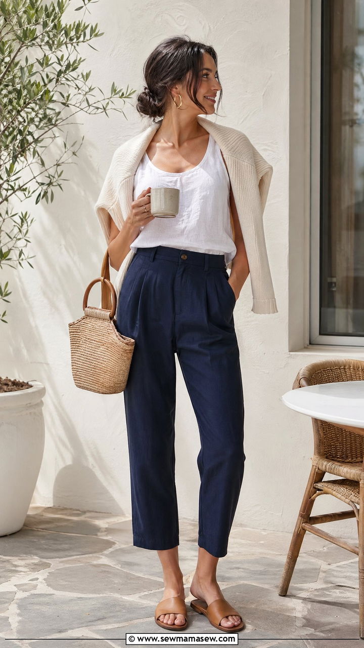 Lightweight cardigan draped over shoulders coastal grandmother look - 35 coastal grandmother outfits ideas