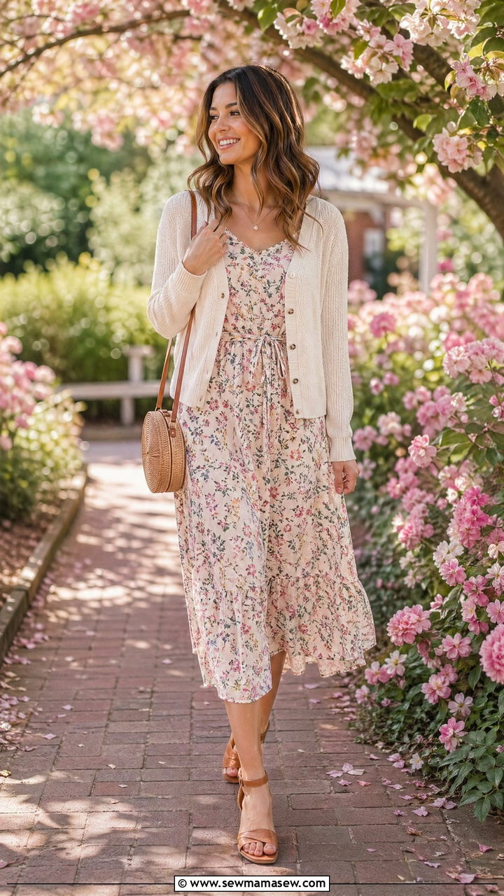 Lightweight cardigan over floral midi dress - 35 spring to summer outfits for women