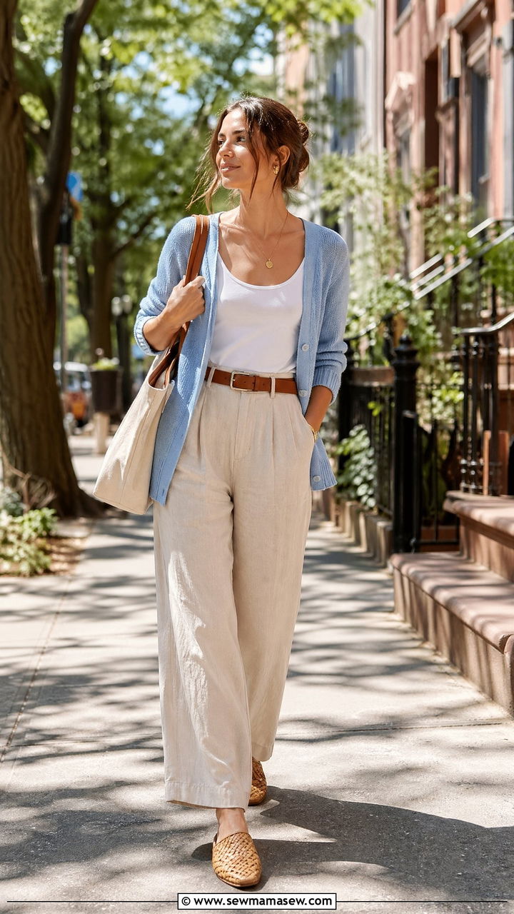 Lightweight cardigan with linen trousers - 35 Summer outfits with cardigan