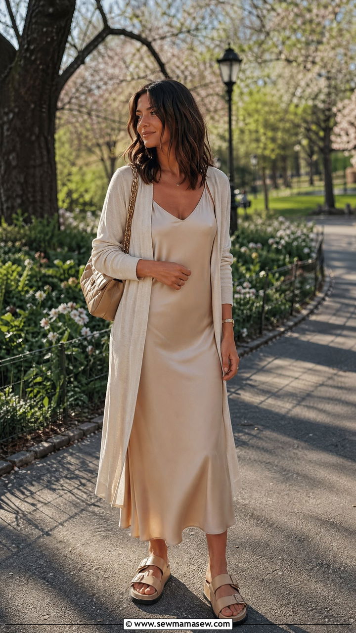 Lightweight cardigan with slip dress - 35 Spring to summer transition outfits