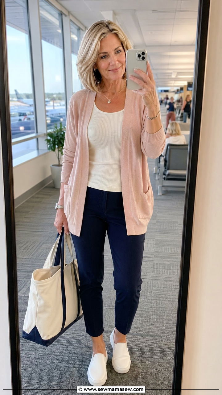 Lightweight cardigan with tank and comfortable pants - 35 Travel outfit ideas for women over 50