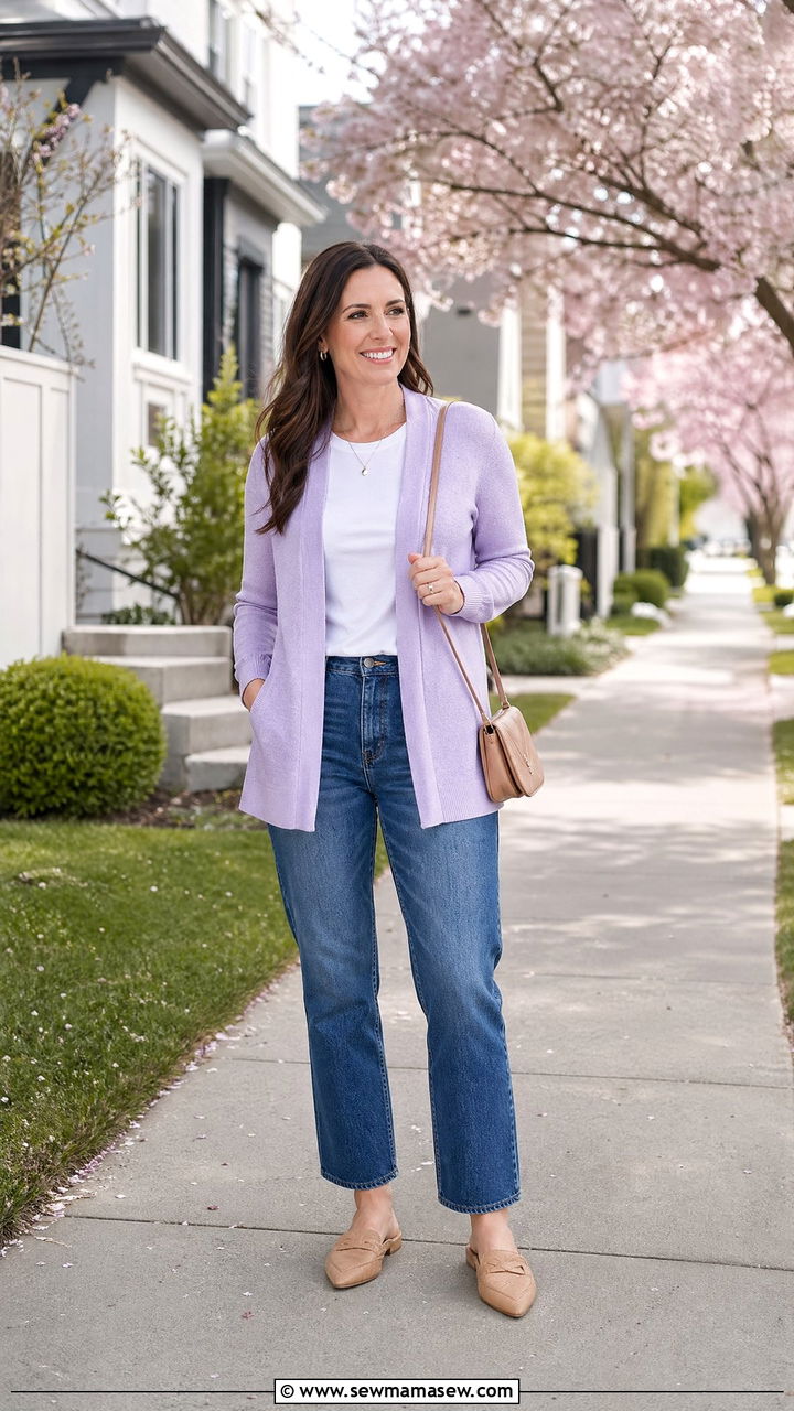 Lightweight cardigan with white tee and blue jeans - 35 Transitional wardrobe ideas