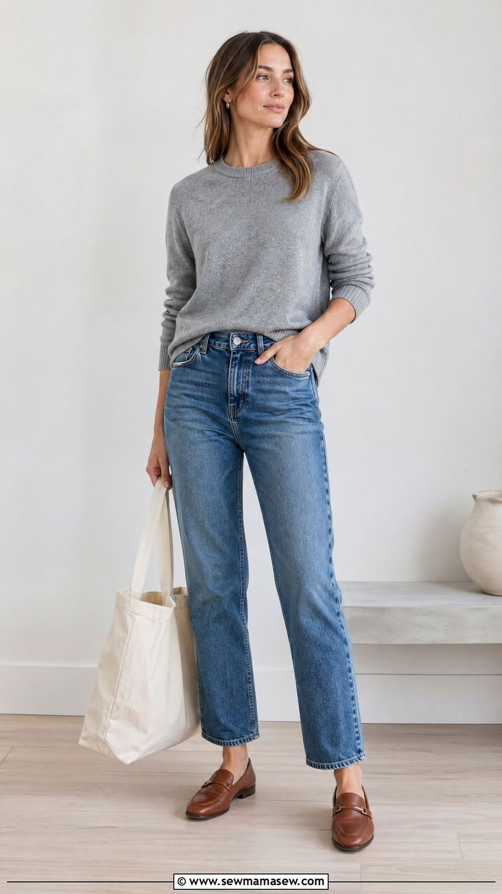 Lightweight cashmere crewneck with straight leg jeans and loafers - 35 transitional outfits for women