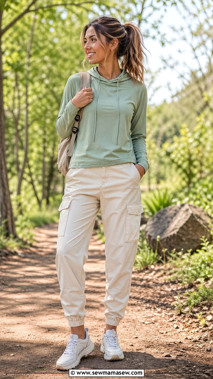 Lightweight hoodie and cargo joggers spring hike look - 30 Spring hiking outfits