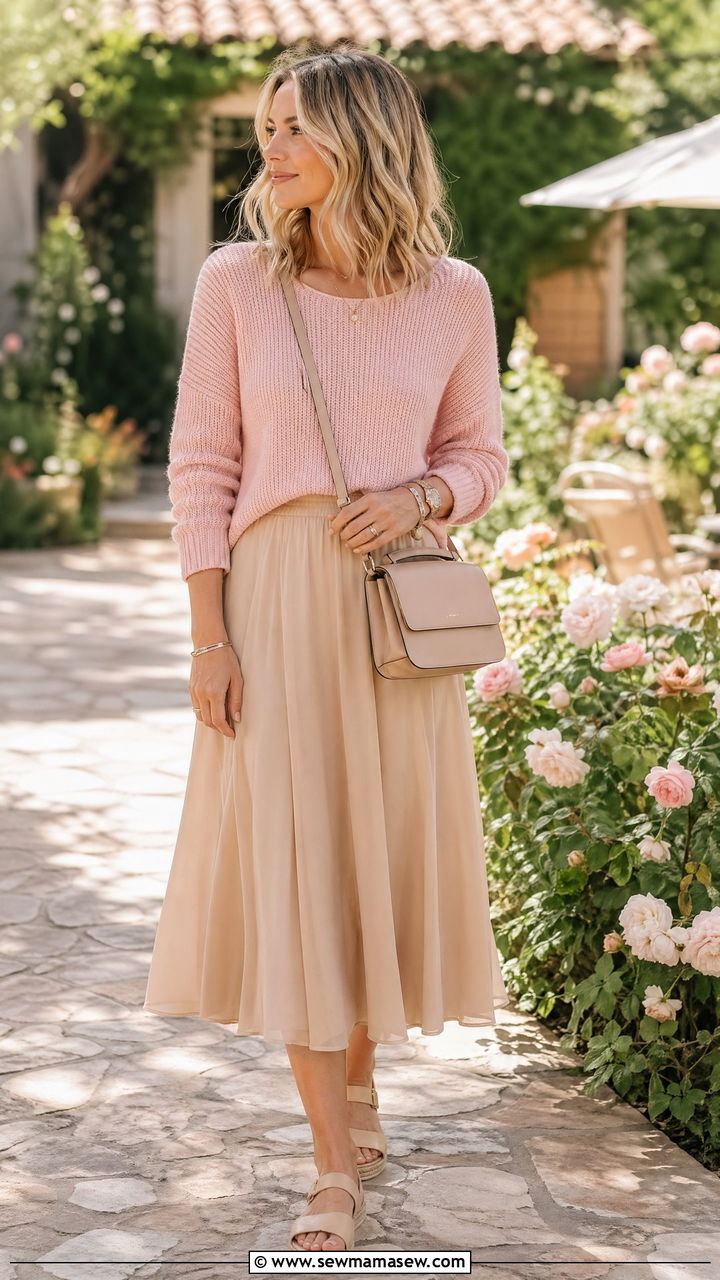 Lightweight knit sweater and midi skirt spring outfit - 35 Spring capsule wardrobe for moms