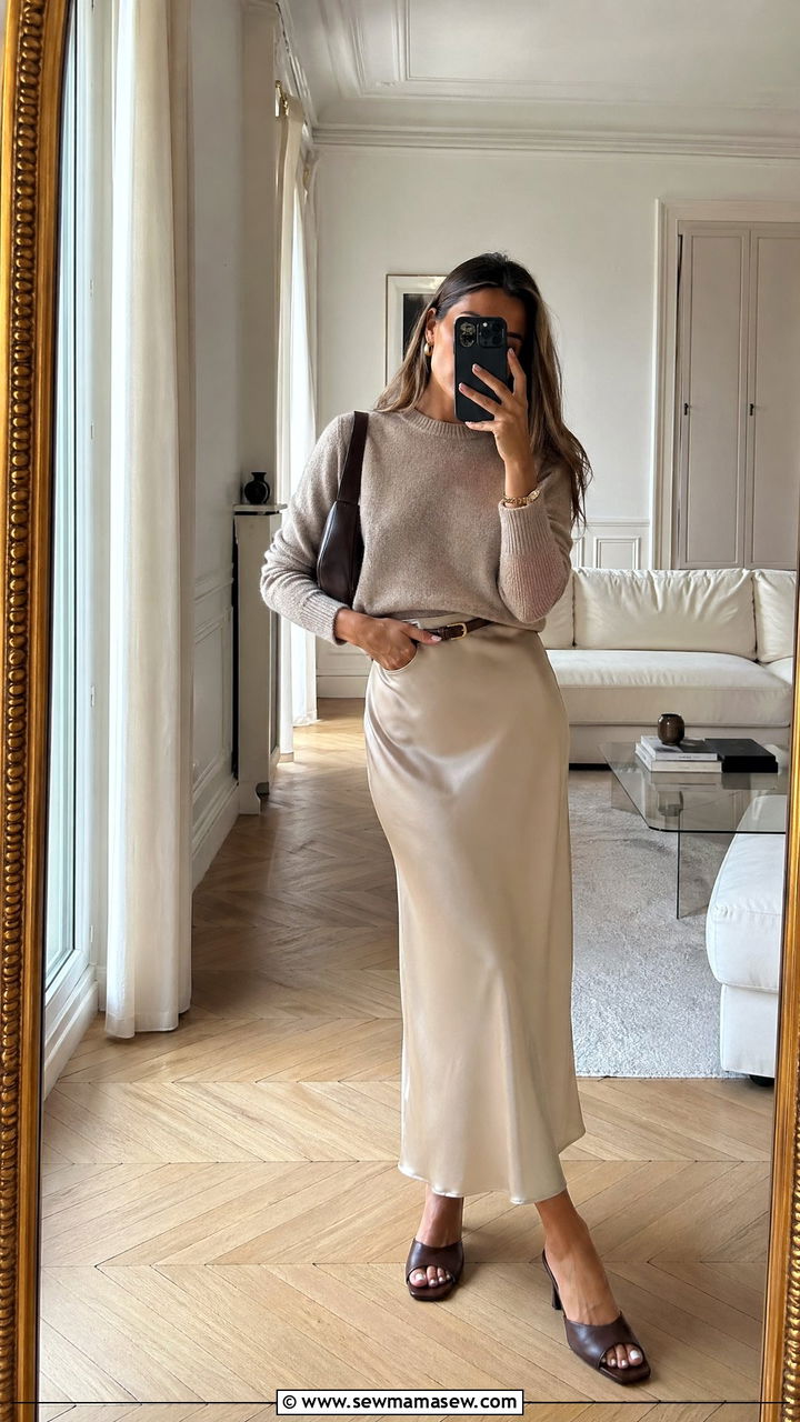 Lightweight knit with a satin midi slip skirt - 35 transitional french girl outfit ideas