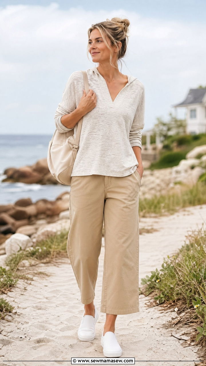 Lightweight popover hoodie with cropped wide leg khakis - 35 Coastal grandmother outfit ideas