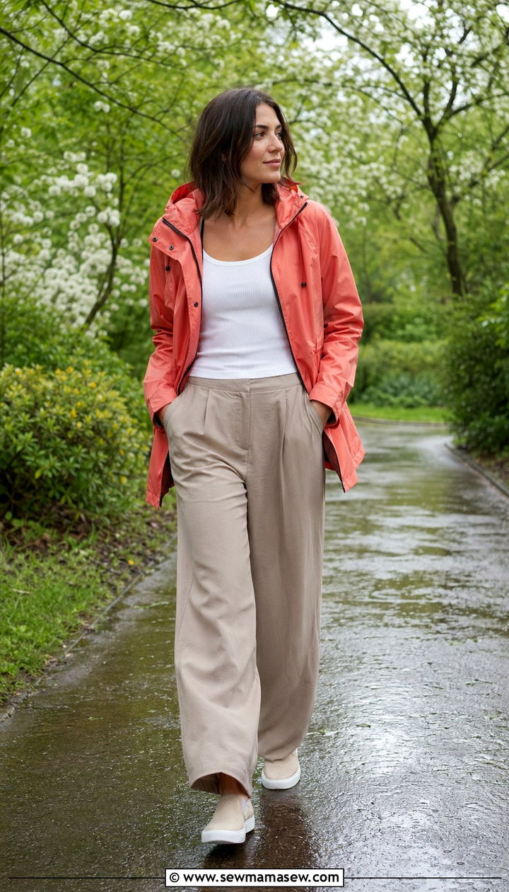 Lightweight rain jacket with wide leg trousers - 30 April showers outfit ideas