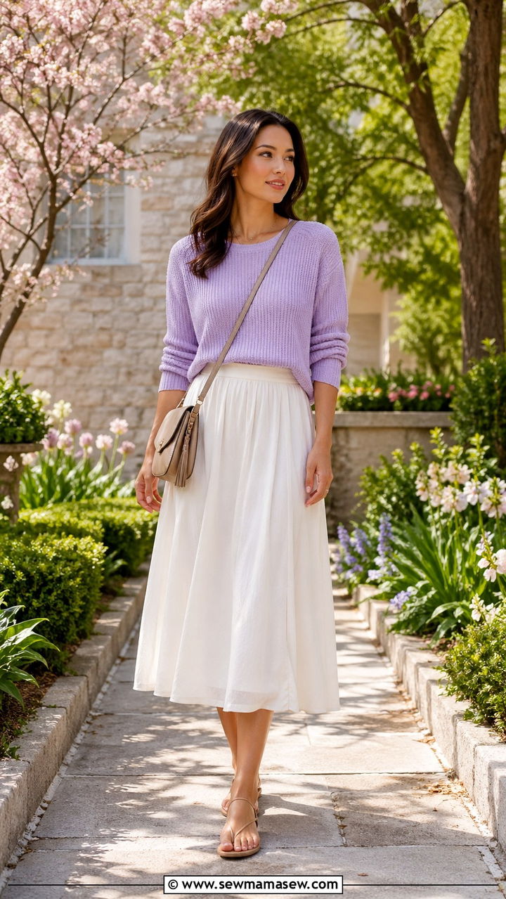 Lightweight sweater and midi skirt spring capsule outfit - 30 spring capsule wardrobe outfits
