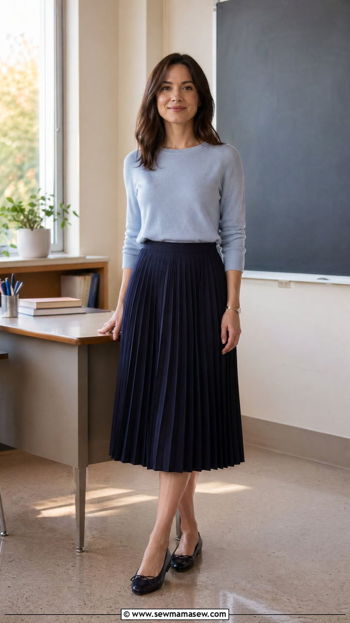 Lightweight sweater with pleated midi skirt - 35 Teacher outfits for spring