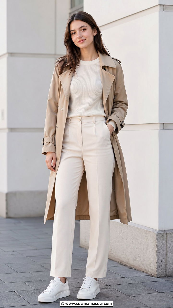Lightweight trench coat over a cream knit set - 35 Spring outfits for teens
