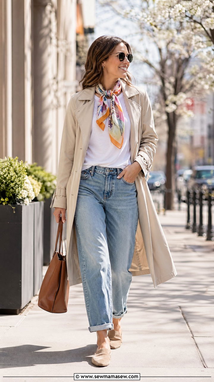 Lightweight trench coat with boyfriend jeans - 35 spring smart casual outfit ideas