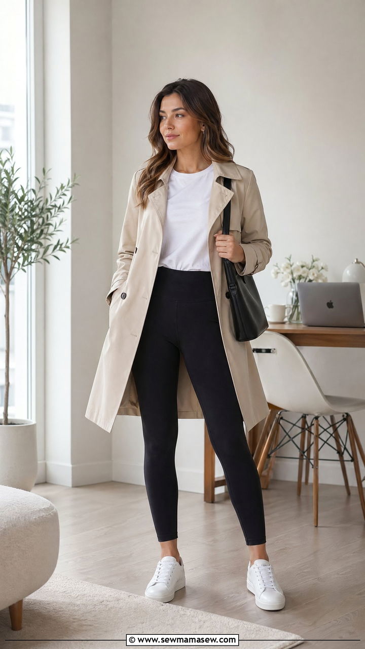 Lightweight trench with leggings and tee outfit - 35 spring work from home outfit ideas