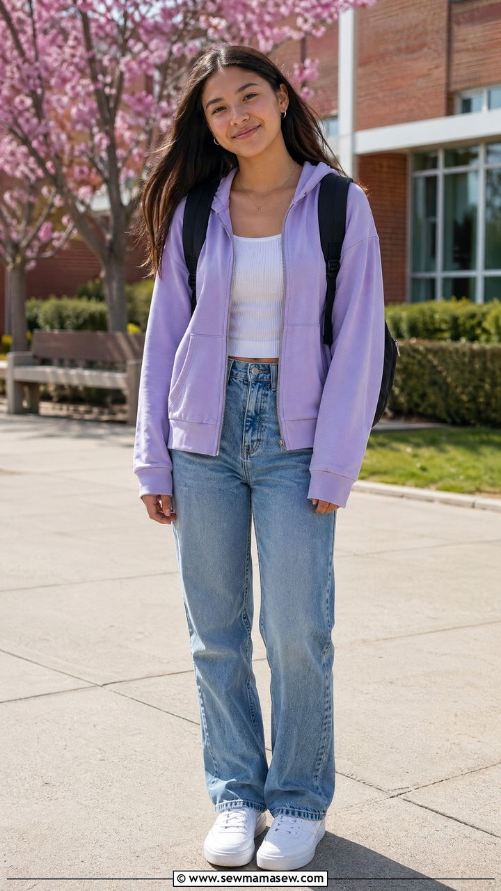 Lightweight zip up hoodie with straight leg jeans and tank top - 35 Spring outfits for teenage girls