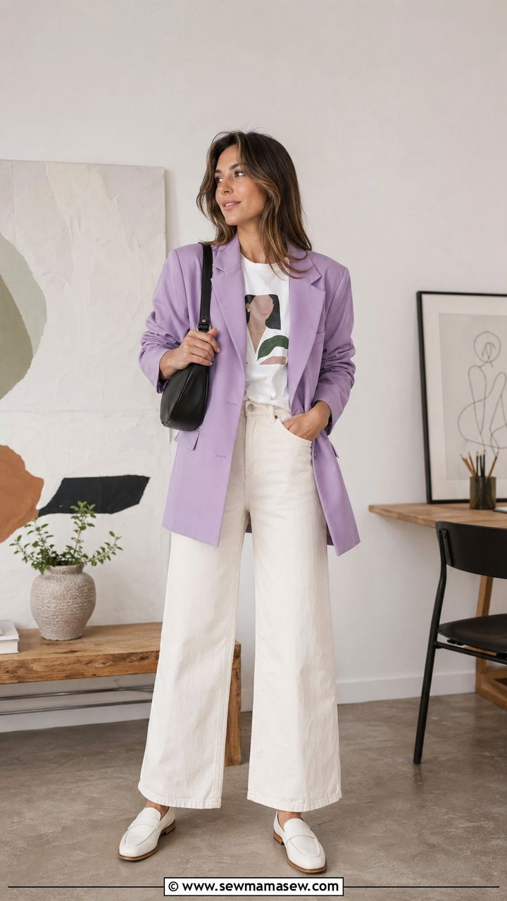 Lilac Blazer Spring Outfit With Graphic Tee - 35 Pastel spring outfits