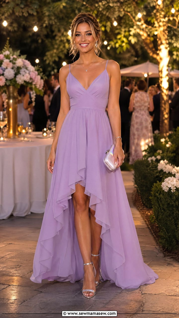 Lilac High Low Hemline Dress with Silver Jewelry - 35 spring wedding guest outfit ideas for women