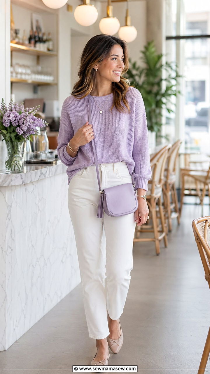 Lilac Knit Sweater and White Jeans Outfit - 35 Spring outfits in pastel