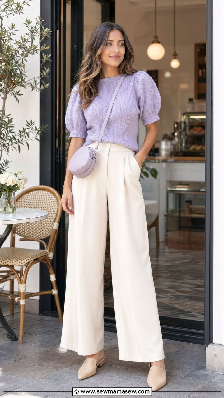 Lilac Knit Top with Cream Trousers Outfit - 35 Pastel outfit ideas