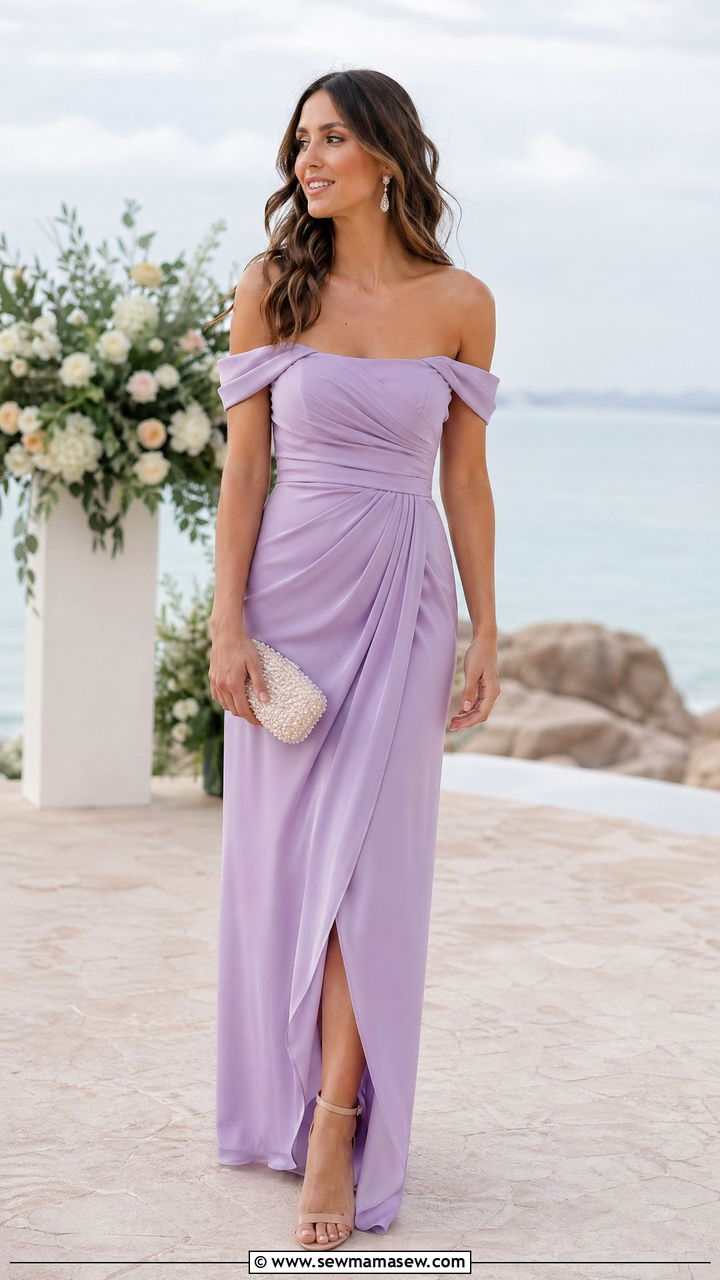 Lilac Off Shoulder Maxi Dress with Nude Sandals - 35 What to wear to a spring wedding