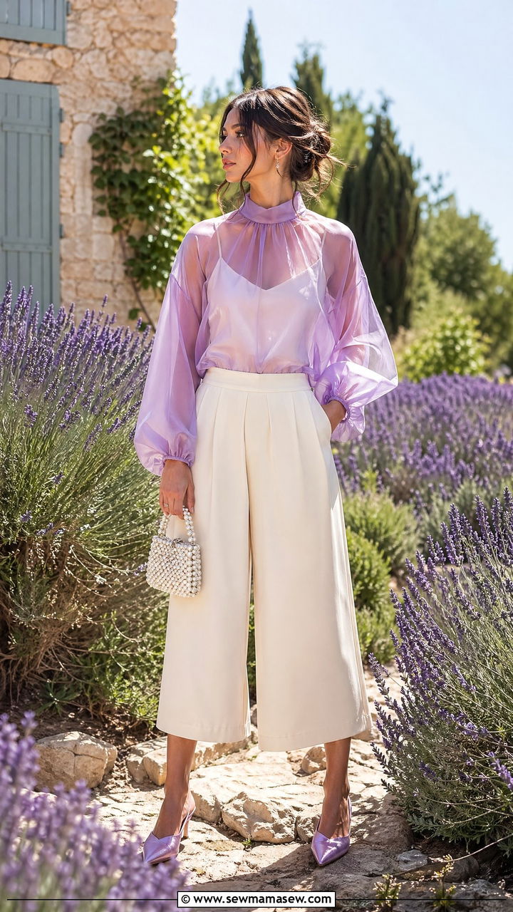 Lilac Organza Blouse With Cream Culottes - 35 summer french girl outfit ideas